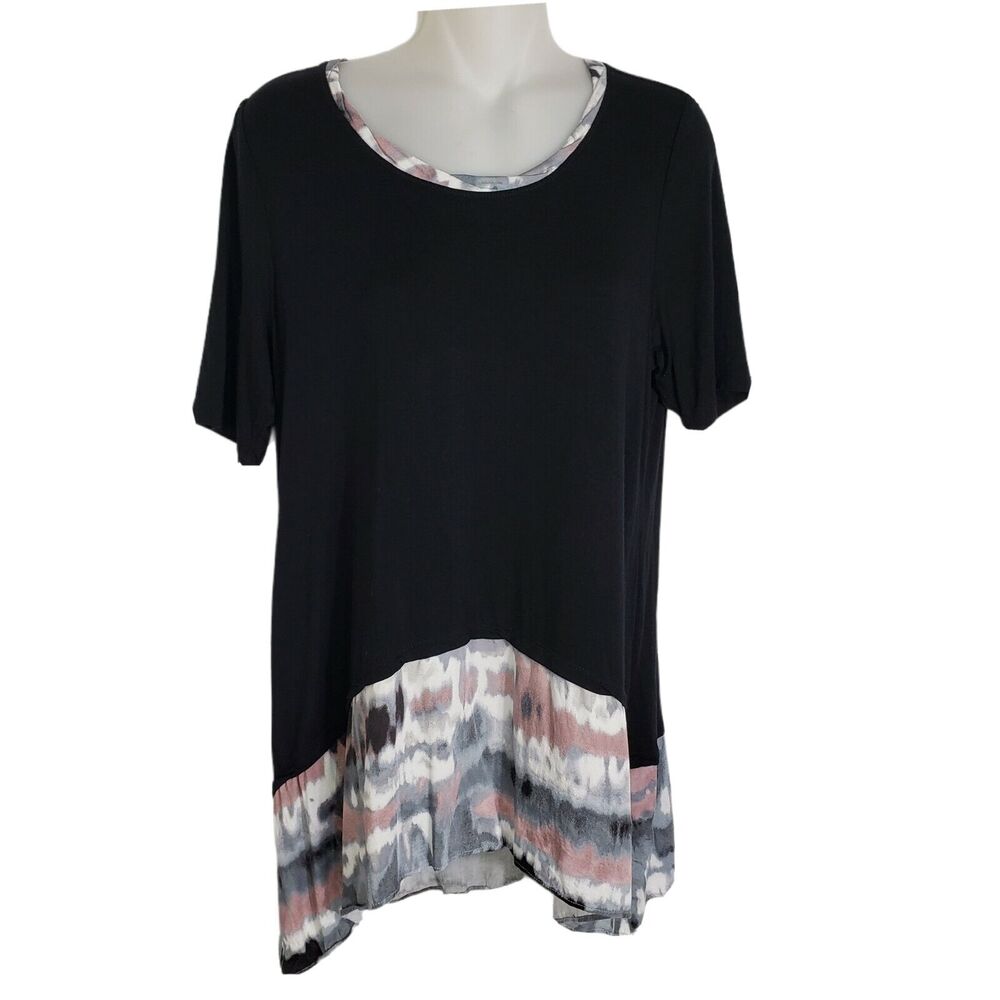 LOGO by Lori Goldstein Top Medium Petite Knit Printed Trim Black Scoop A265096